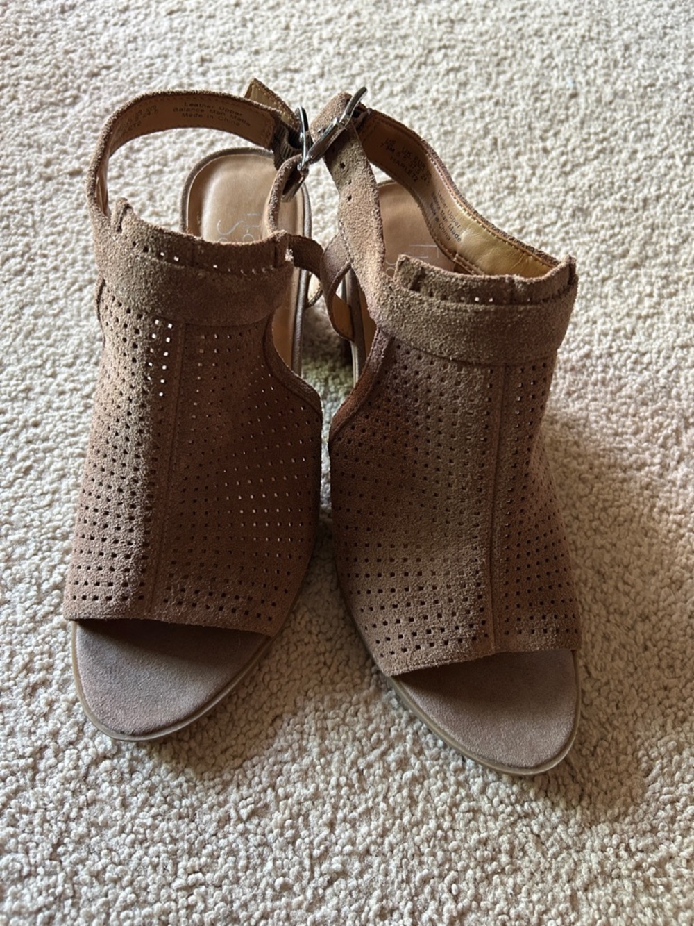 Franco Sarto Taupe Perforated Suede Peep-Toe Heels